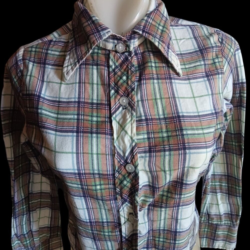 Vintage Women's Flannel Top Small 1970's Byer California Plaid Button-Down Hippy